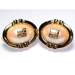 Givenchy Vintage Clip Earrings Iridescent Pearl Paris NY Logo Gold Signed